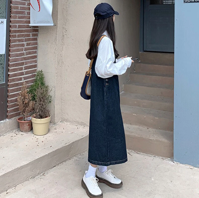 Ladies Overall Dresses Suspender Long Denim Skirt Jumper Jean Back Slit Loose