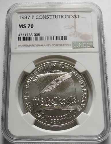1987-P US Constitution S$1 Silver Commemorative Dollar Coin - NGC MS 70