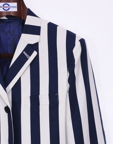 mod retro indie 60s navy blue stripe boating blazer jacket for men - Picture 3 of 6