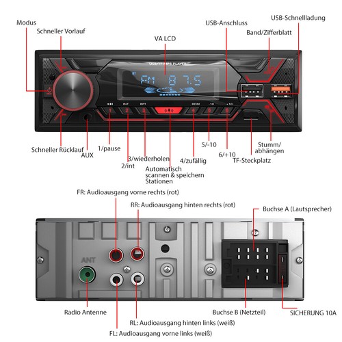 Autoradio mit Bluetooth BT Freisprech USB SD Aux FM 7 Farben 1DIN MP3 Player - Bild 11 von 13