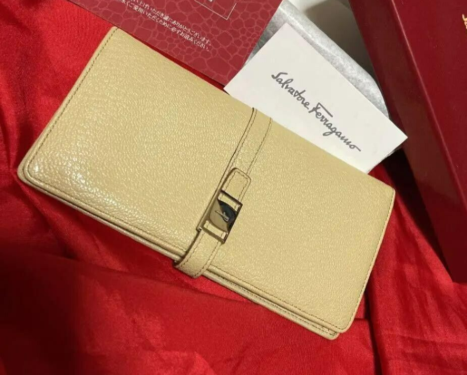 Salvatore Ferragamo Beige Genuine Leather Long Bifold Wallet Unused