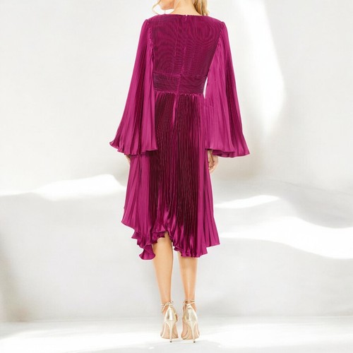 Vestido de cóctel Mac Duggal satinado talla 12 púrpura bayas cuello en V profundo plisado nuevo con etiquetas 49707 - Imagen 7 de 12