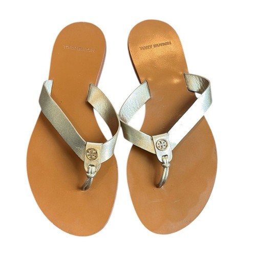Tory Burch Manon Sandalen Damen 6 Metallic Gold Leder Zehenstegsandalen