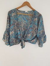 Blue Top Shrug Bolero Cropped Hippie Festival Indian Tie Front Boho Pailsey Silk