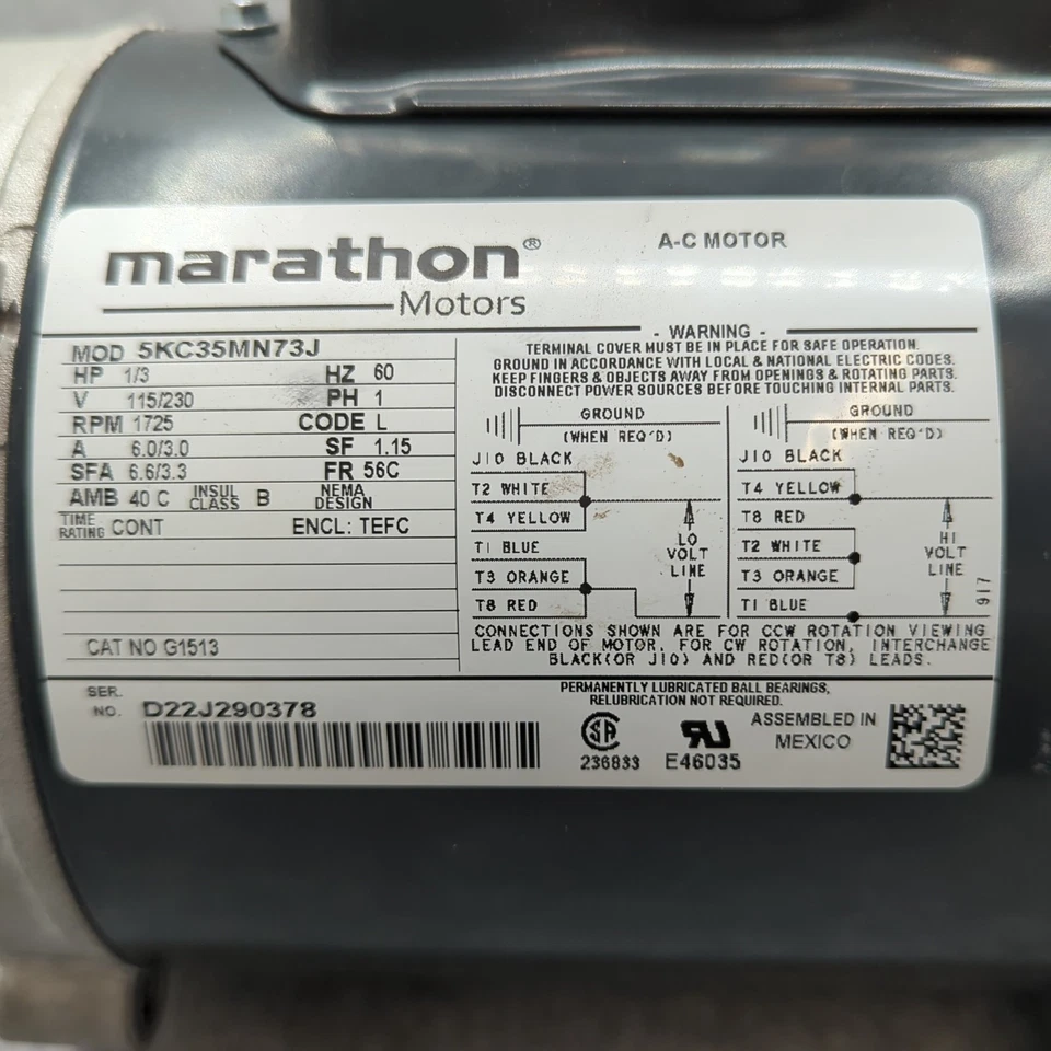 Electric Marathon Motors 5KC35MN73 G1513 1/3 HP 1 PH 1800 RPM 115/230 V Footless - Image 3 of 4