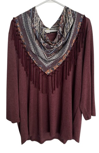 One World Damen Größe 2X Pullover Oberteil Burgunderrot Fransen - Bild 1 von 7