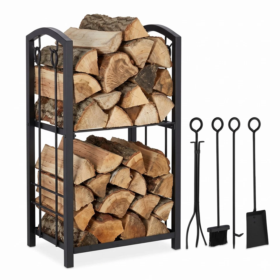 Etagère cheminée avec serviteur support à bûches noir 2 étagères acier 2 étages - Photo 1/4