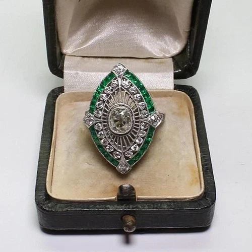 Vintage Emerald & Diamond Marquise Ring 14K White Gold Women