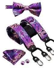 Suspender and Bow Tie for Men Paisley Solid Mens Suit Braces Blue Purple