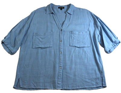 Dear John Womens Linen Blend Top Sz L Blue Button-Up Short Sleeve Pockets