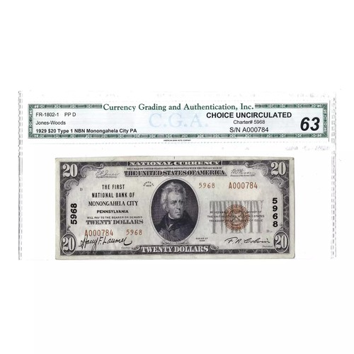 1929 $20 Small National Bank Note, 1st National Bank Monongahela City, PA Uncirc - Picture 1 of 2