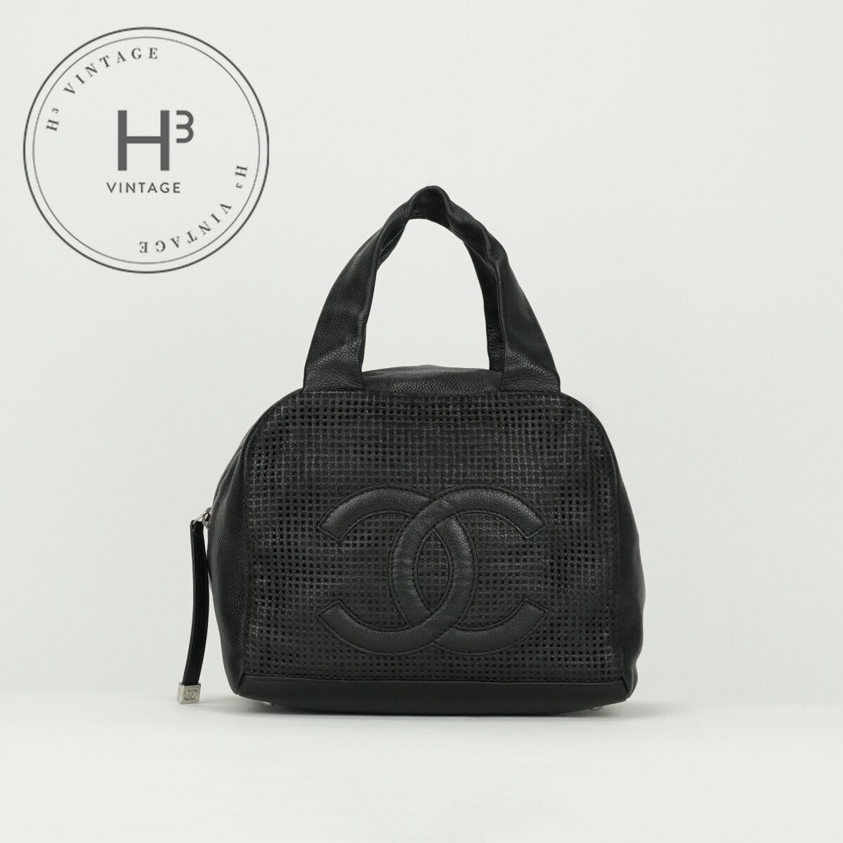 CHANEL Coco Mark Punching Bag Tote in Black Caviar Leather with Silver Hardware