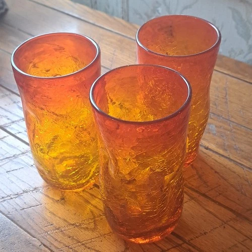 Blenko hand blown crackle glass tumbler  tangerine set of 3