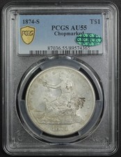 1874 S Chopmarked Trade Silver Dollar $1 PCGS AU 55 CAC