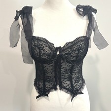 Women Corset Top Medium Dark Coquette Goth Grunge Lace Tie Shoulder Ruffle 21455