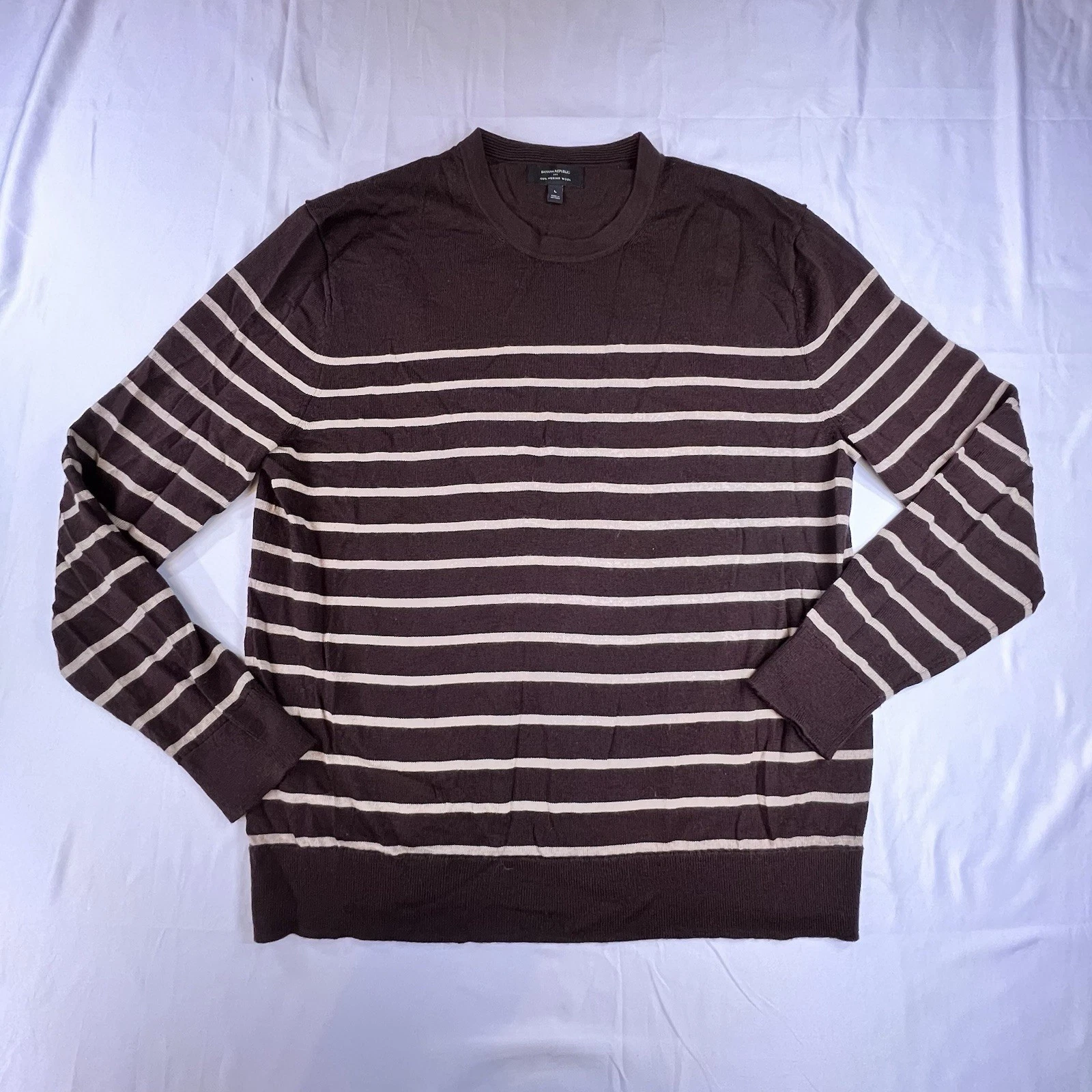 Banana Republic Merino Wool Sweater Mens Large Brown Tan Striped Crewneck Poet