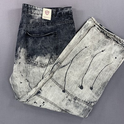 Encrypted Jeans Mens 48x34 Black White Paint Splatter Straight Leg Moto Denim