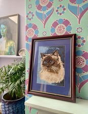 Vintage Needlepoint Cat Portrait Blue Eye Siamese Needlepoint Embroidery Picture