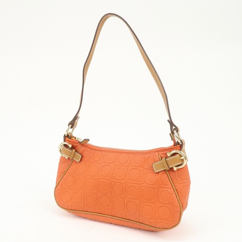 Ferragamo Gancini Leather Shoulder Bag Hand Bag Orange Beige Authentic Used F/S - Picture 3 of 23