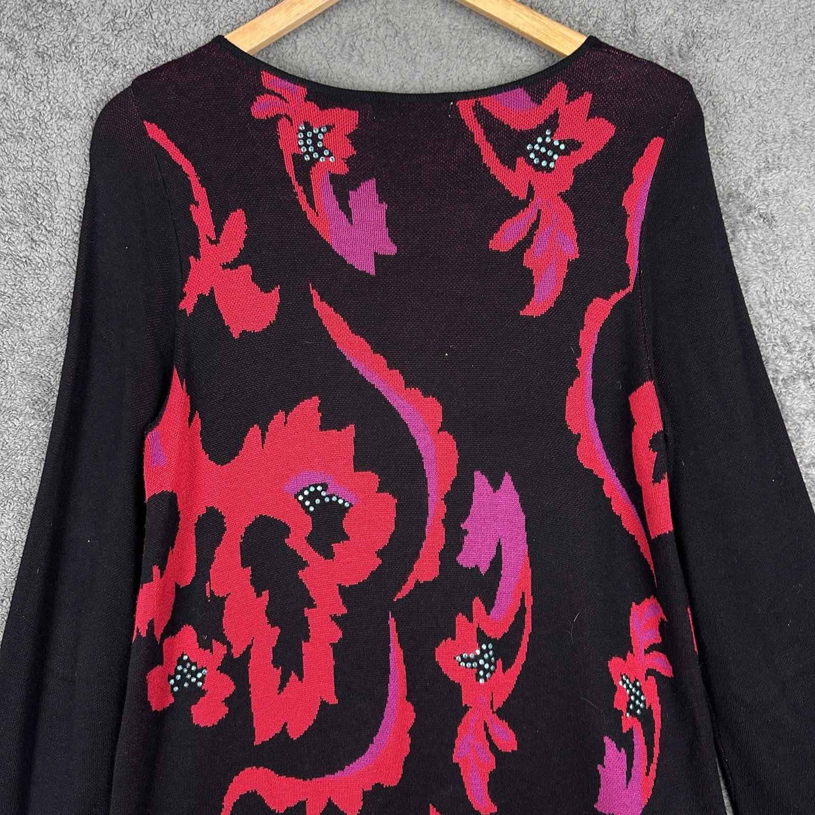 Joan Vass Rayon Knit Tunic Sweater Large Black Pink Floral Asymmetrical EUC