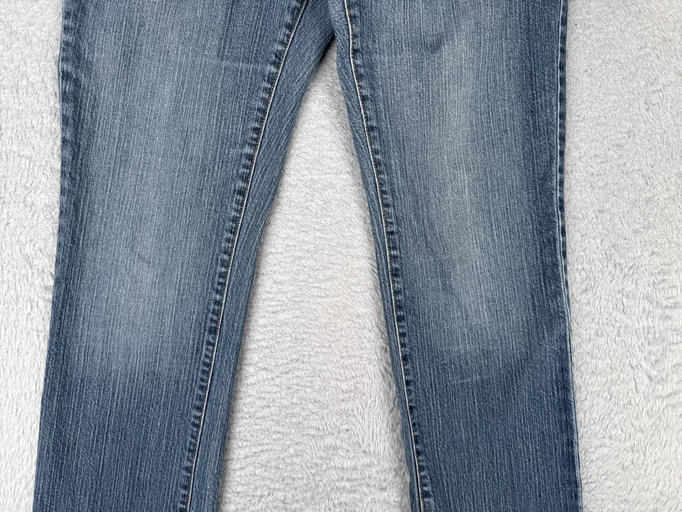 Pantalones de mezclilla elásticos de pierna recta azul Stamp 10 para mujer lavado medio informales Foto 3 de 4