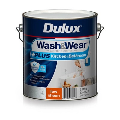 Dulux 2L Interior Paint Wash&Wear +PLUS Kitchen & Bathroom Low Sheen Vivid White
