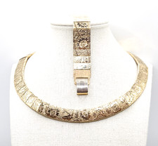 Victorian Embossed Gold Toned Choker Necklace And Bracelet Vintage