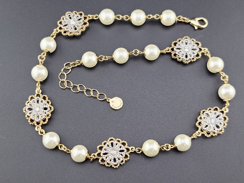 Signed Charter Club Glass Pearl Silver Gold Filigree Flower Chain Necklace - Picture 7 of 11
