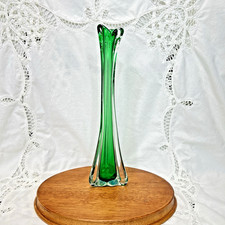 Mid Century Sommerso Art Glass Vase Green Amber 12  Slender Neck Murano Style