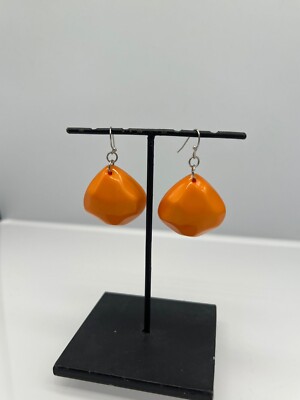 Stainless Steel Vibrant Orange Acrylic Pebble Dangle Earring