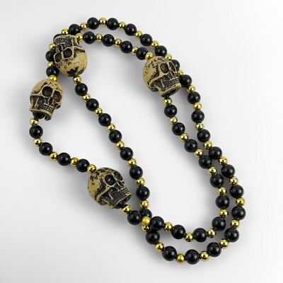 vintage skull necklace black gold beaded