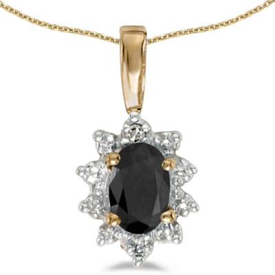 10k Gelbgold ovaler Onyx und Diamant Anhänger mit 16'' Kette