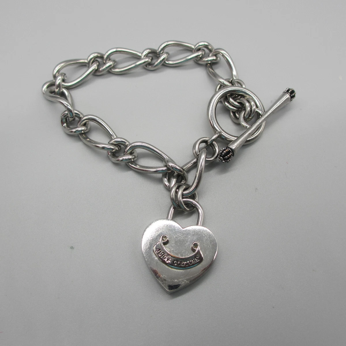 Juicy Couture Bracelet Silver Tone Heart Charm Chunky 7.5