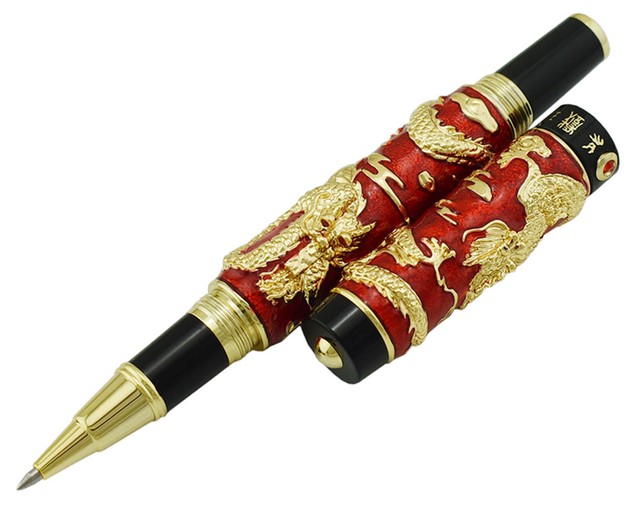 Jinhao Cloisonne Rollerball Pen Double Dragon Noble Red Heavy Craft