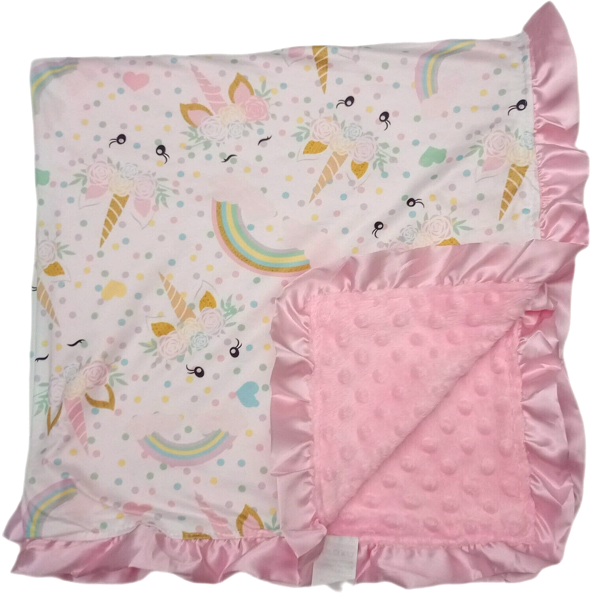 Unicorn Dreams Pink Minky Dot Baby Girl Blanket Lovey Ruffled Satin Rainbow