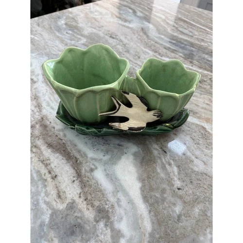 Vintage McCoy Pottery Double Tulip Planter with Swallow Bird Green Mid Century