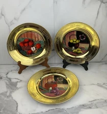 Vintage set of 3 Fruit Decorative Plates Basket Apples Lemons Gold