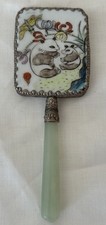 VTG Chinese Jade Handle Pandas Porcelain Vanity Hand Mirror Silver Trim