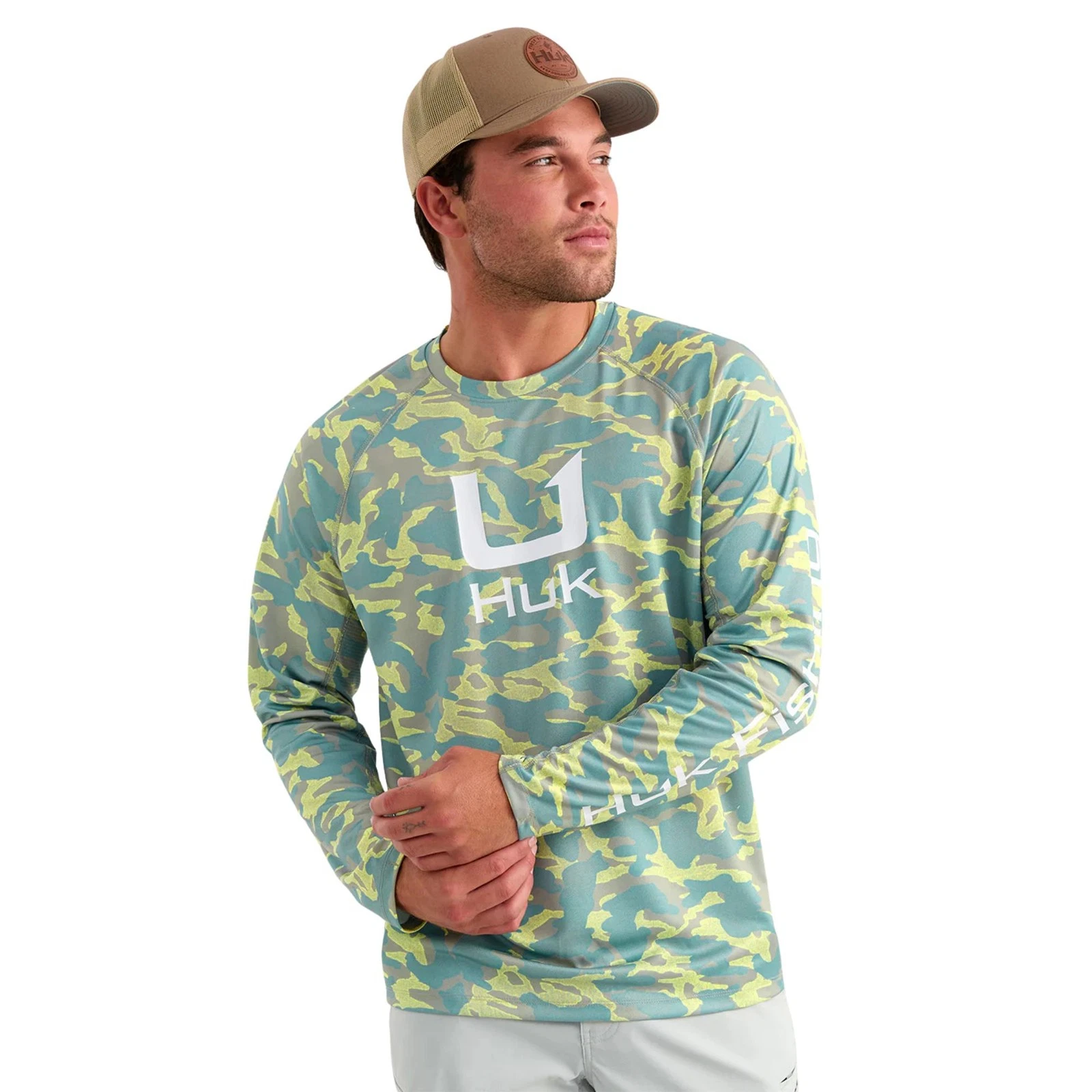 Huk Icon Printed Crew Men's Tech Shirt, Seagrass, Medium