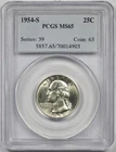 1954-S 25C PCGS MS 65 Washington Silver Quarter