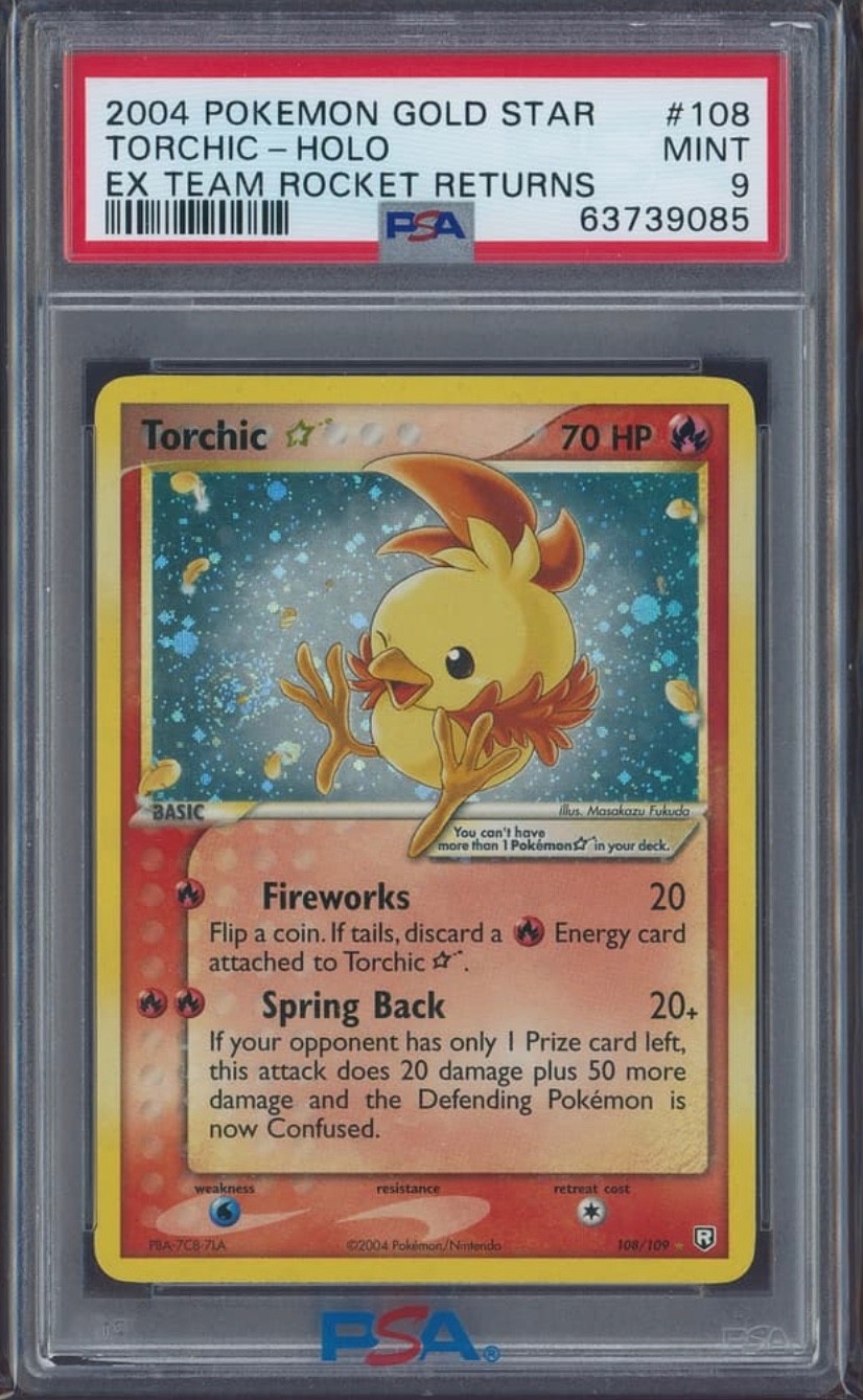 SWIRL PSA 9 Torchic Gold Star Holo 2004 Pokemon Ex Team Rocket Returns #108 MINT