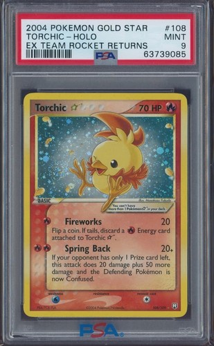SWIRL PSA 9 Torchic Gold Star Holo 2004 Pokemon Ex Team Rocket Returns #108 MINT