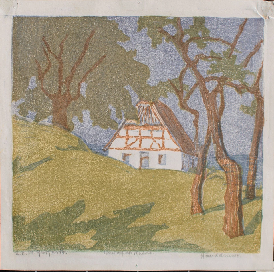 Maragarete Gerhardt Haus auf der Halde signiert Farbholzschnitt frühes 20 Jhd - Bild 4 von 4
