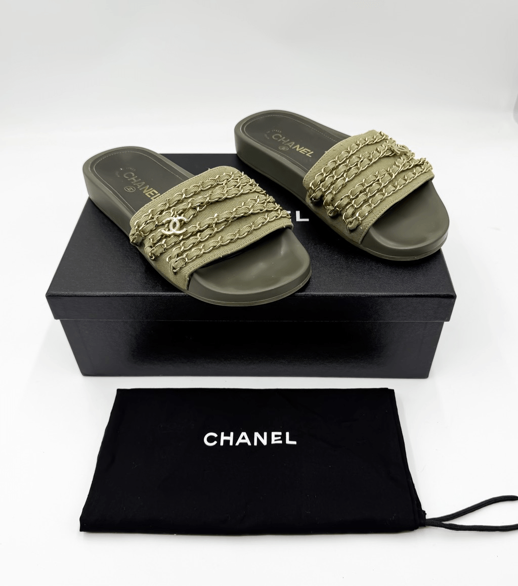 Chanel CC Chain Slide Sandals Size Eu 37 Green Khaki Canvas Slip