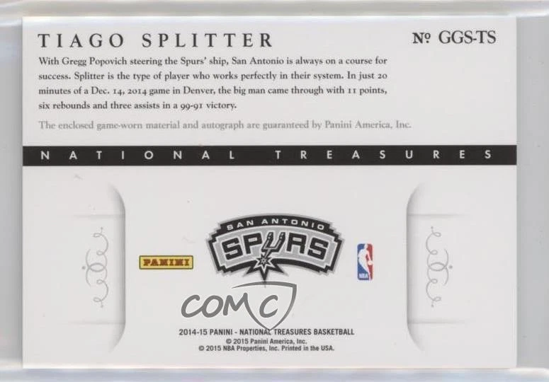 2014 Panini National Treasures NBA Game Gear Signatures /75 Tiago Splitter Auto - Image 2 of 2