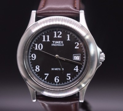 Vtg 1999 TIMEX Easy Reader Watch Men Indiglo 30m Date Leather NEW BATTERY & BAND