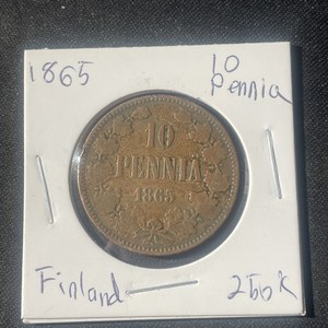 1865 Finland 10 Pennia Coin 250k Minted Alexander II Copper Coin