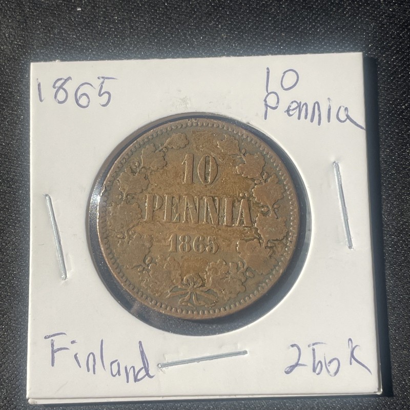 1865 Finland 10 Pennia Coin 250k Minted Alexander II Copper Coin