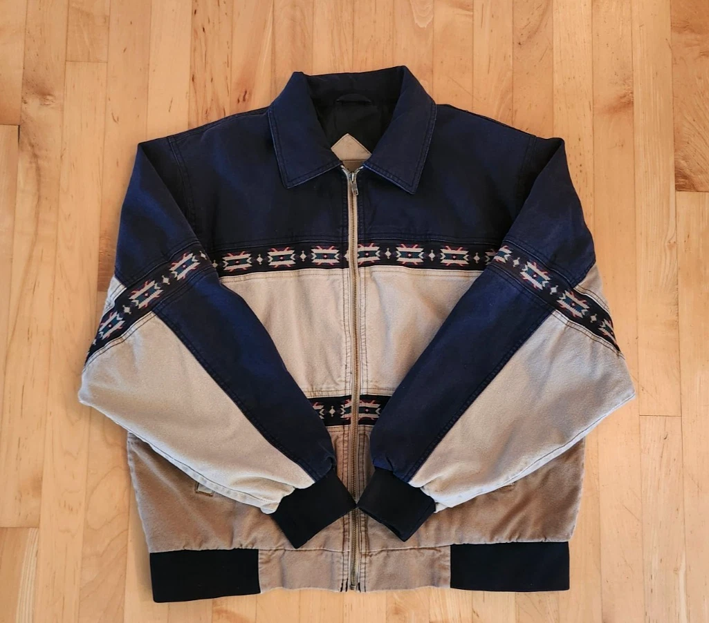 Vtg 90s Canyon Guide Outfitters Canvas Aztec Bomber Jkt L Tan & Blue - product detail image 2