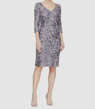 Alex Evenings Women's Purple Sequins V-Neck 3/4 Sleeve Sheath Dress Size 16